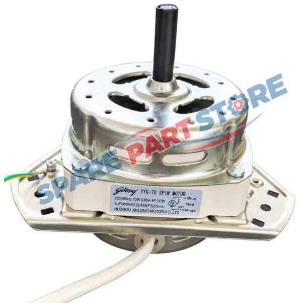 Godrej YYG-70 washing machine spin motor with 70W power, 230V 50Hz supply, 0.85A current and 4P CCW rotation, suitable for compatible washing machine applications.